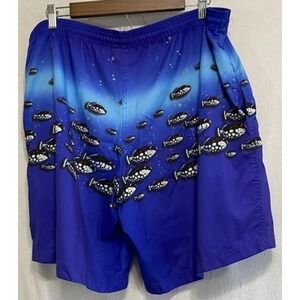Lassen Hawaii Fish Print Swim Trunks Blue Ocean Board Shorts Mens